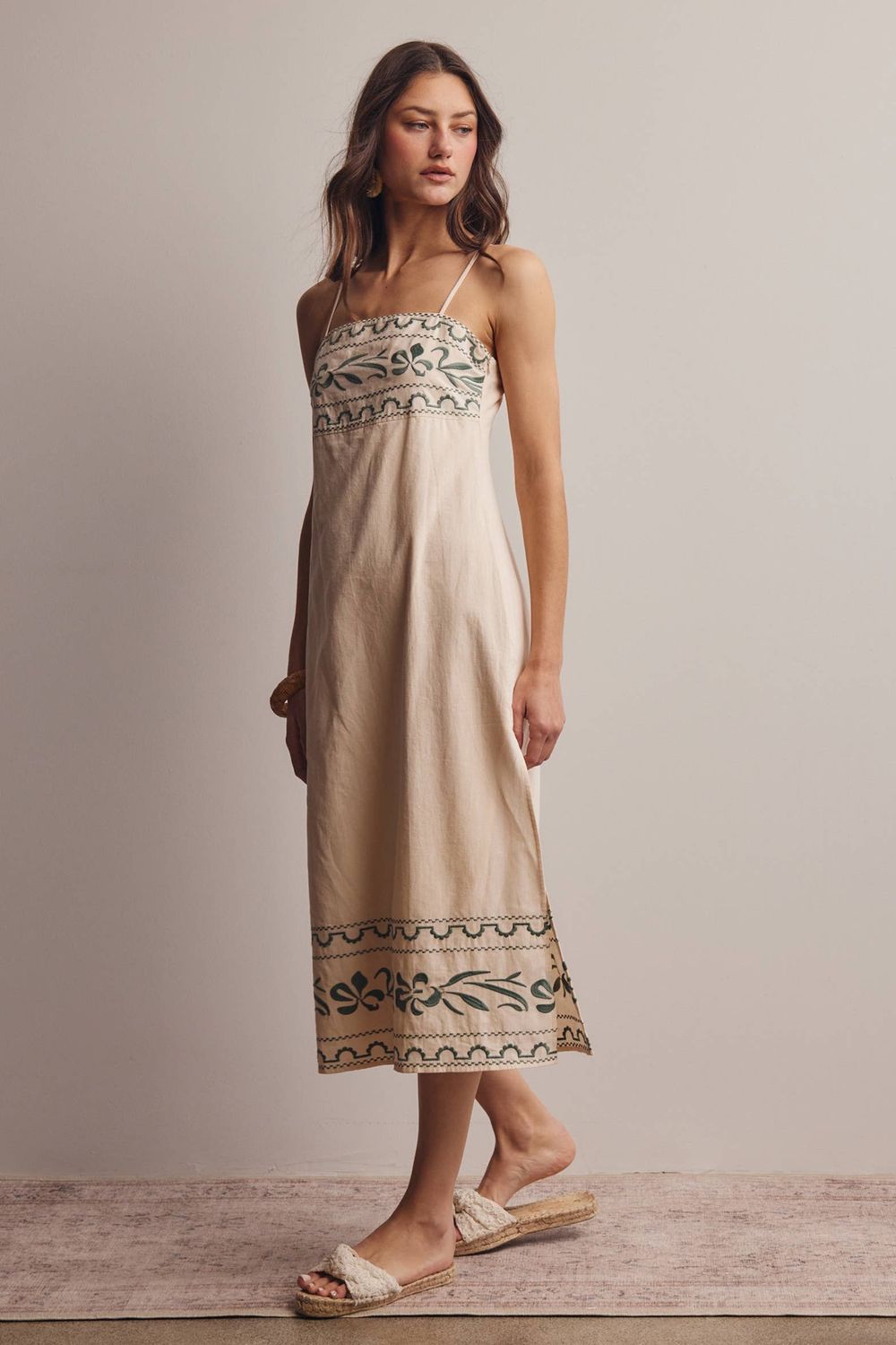 Embroidered Straight-Neck Cotton Midi Dress