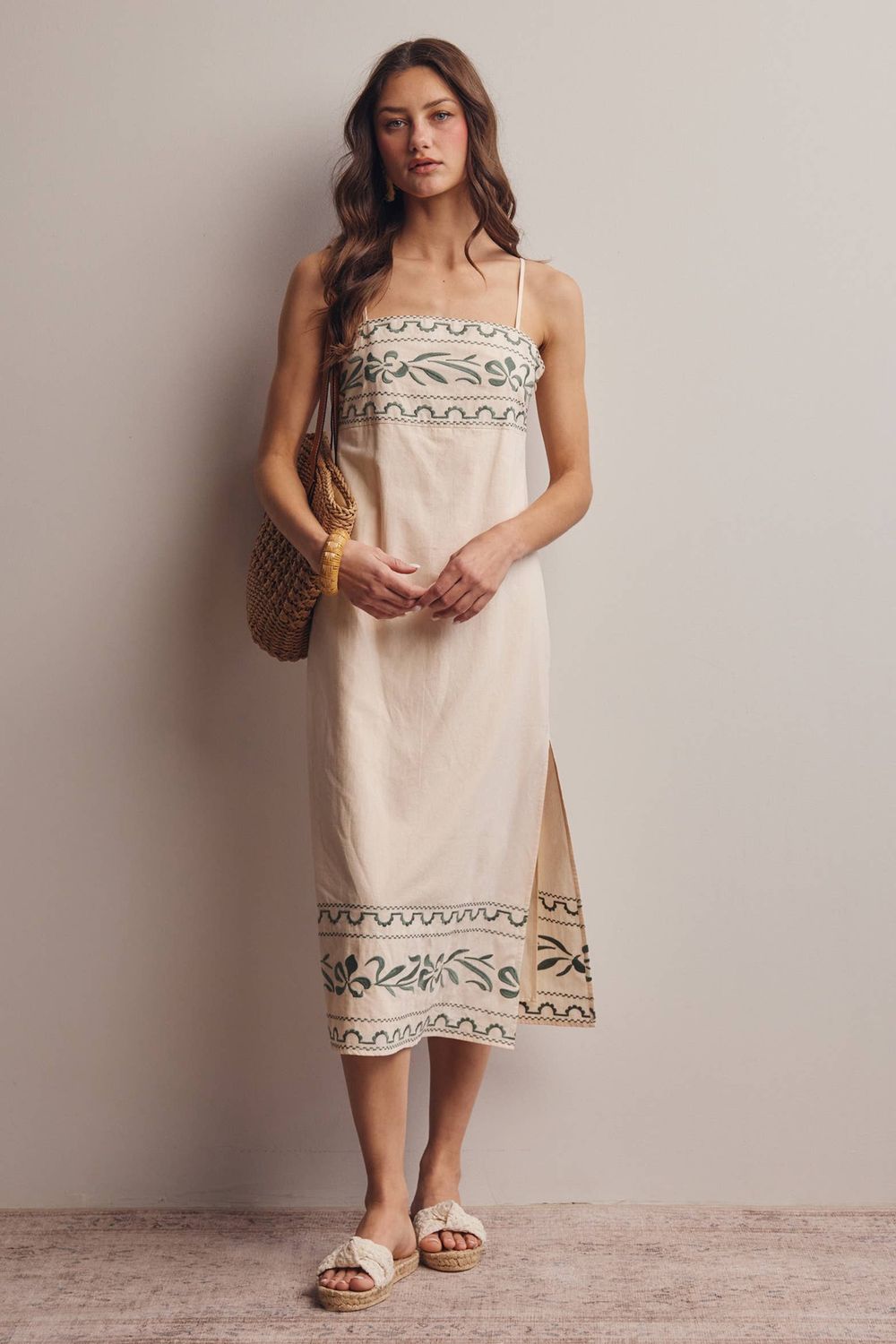 Embroidered Straight-Neck Cotton Midi Dress, Size: Small