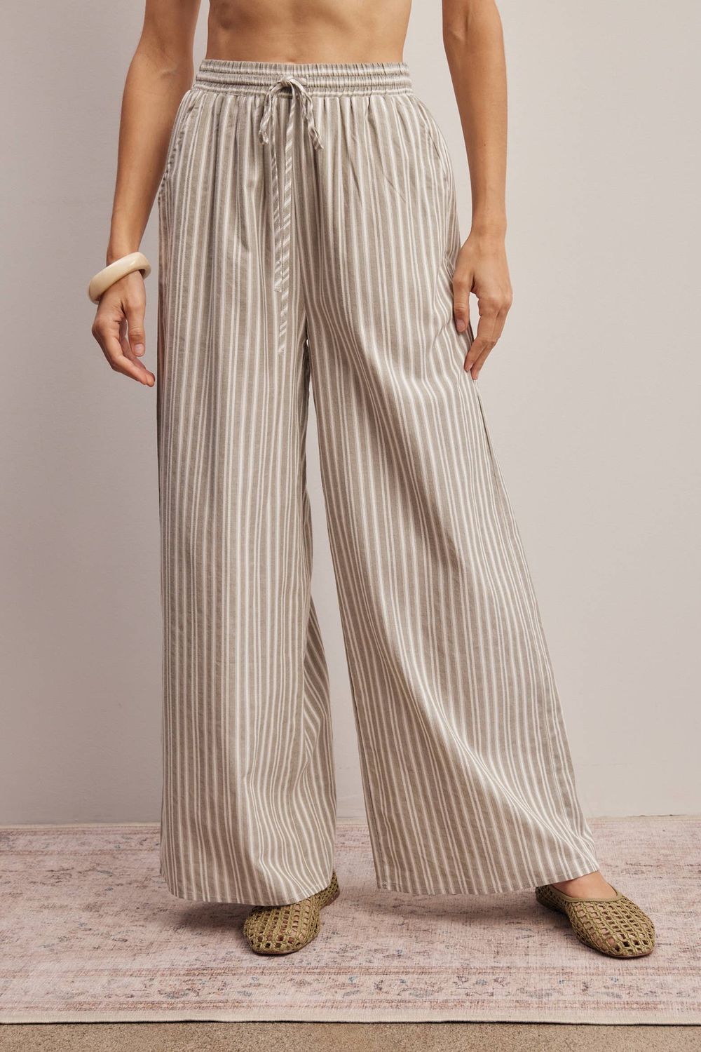 Striped Cotton Wide-Leg Pants, Color: Dusty Sage, Size: Small