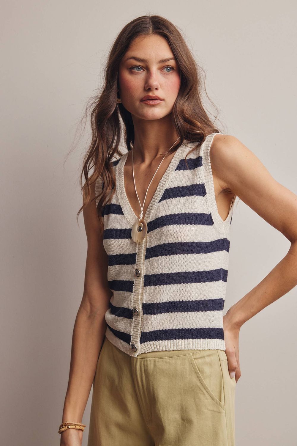 Striped Button-Front Knit Vest Top
