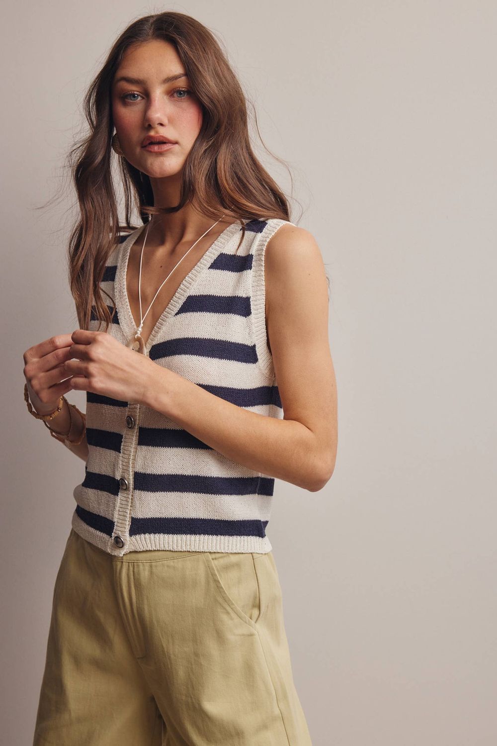 Striped Button-Front Knit Vest Top