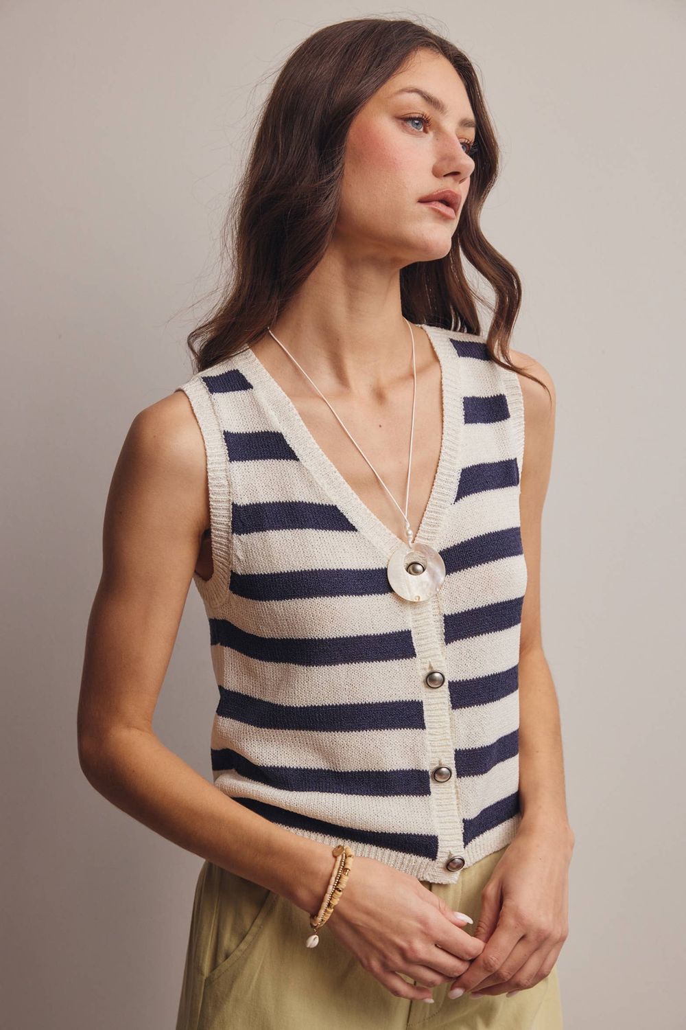 Striped Button-Front Knit Vest Top