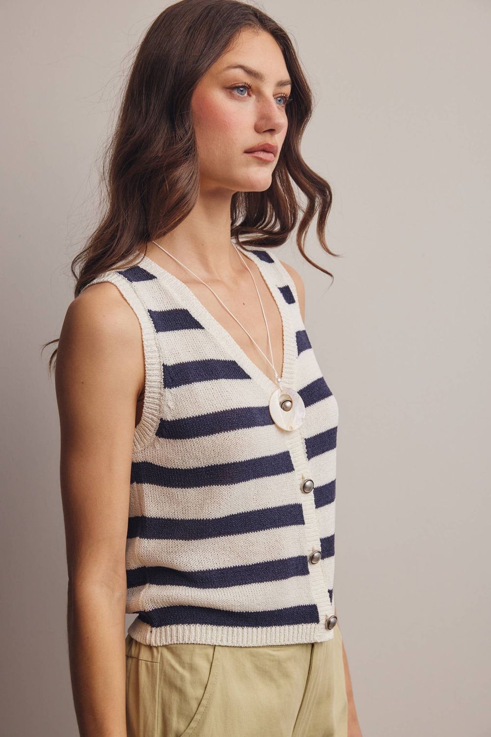 Striped Button-Front Knit Vest Top