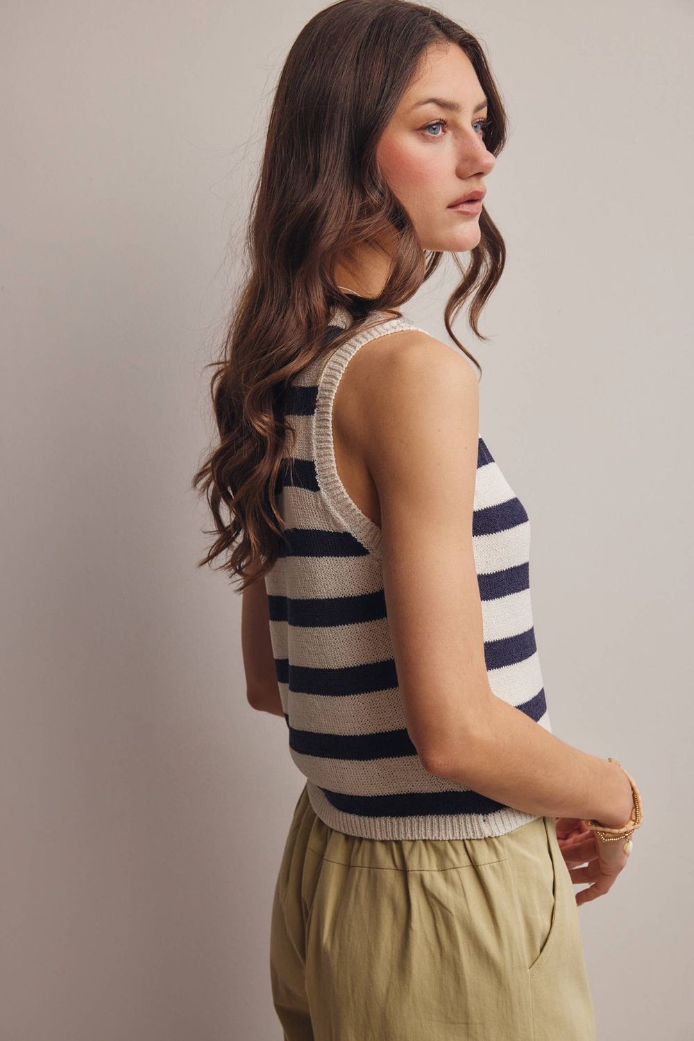 Striped Button-Front Knit Vest Top