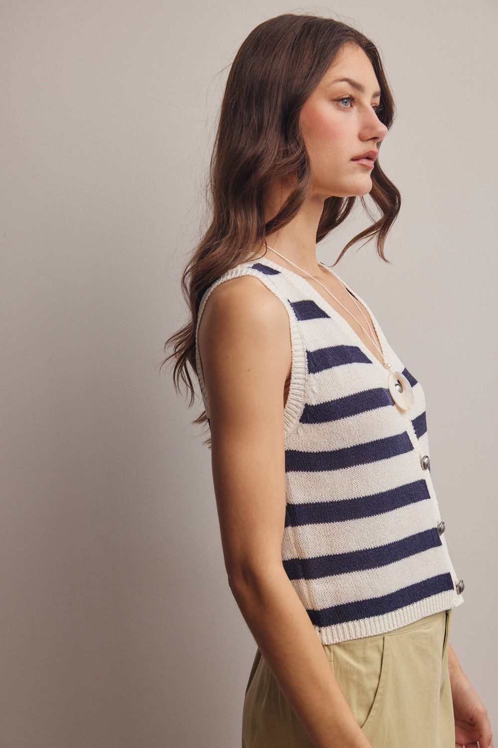 Striped Button-Front Knit Vest Top