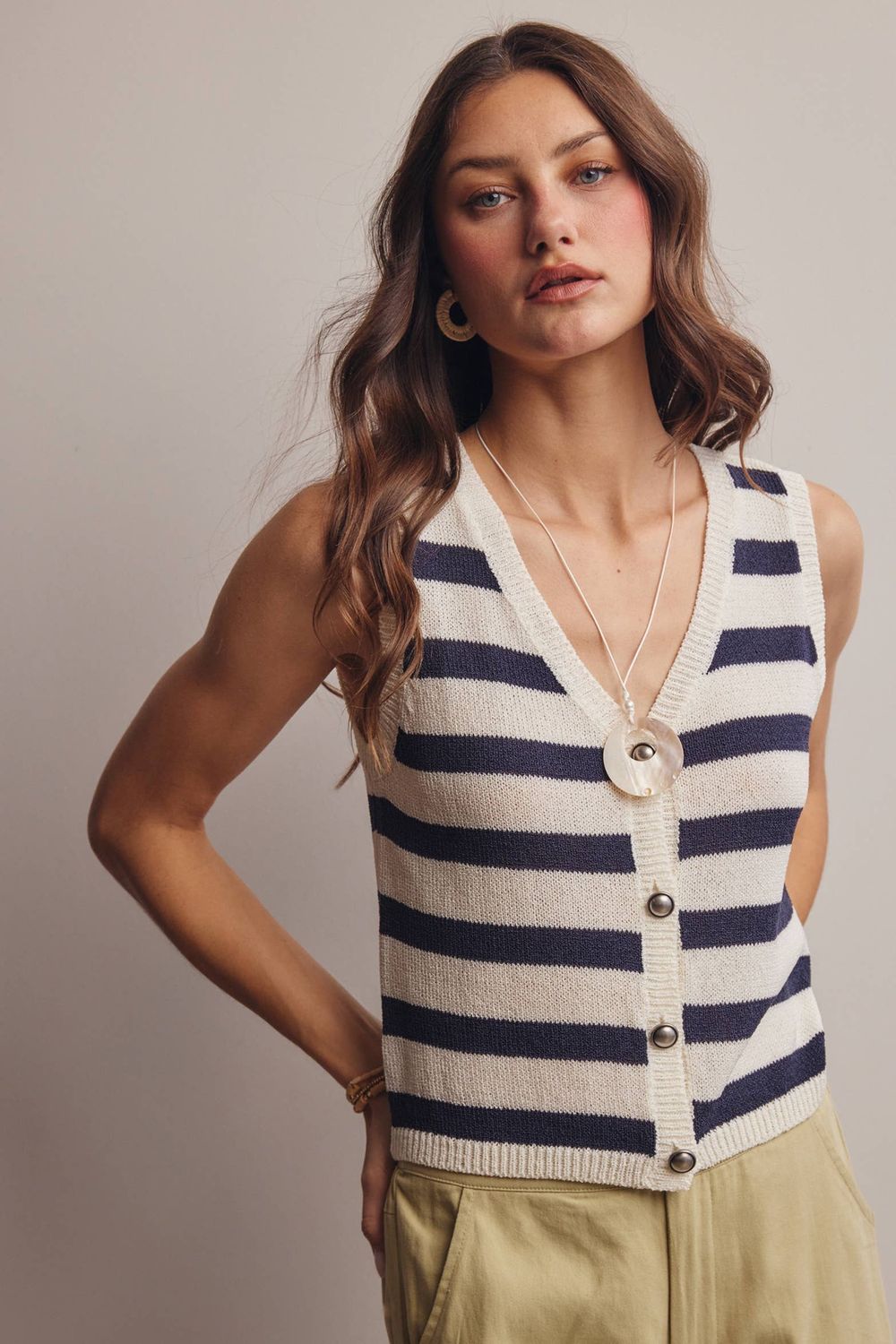 Striped Button-Front Knit Vest Top