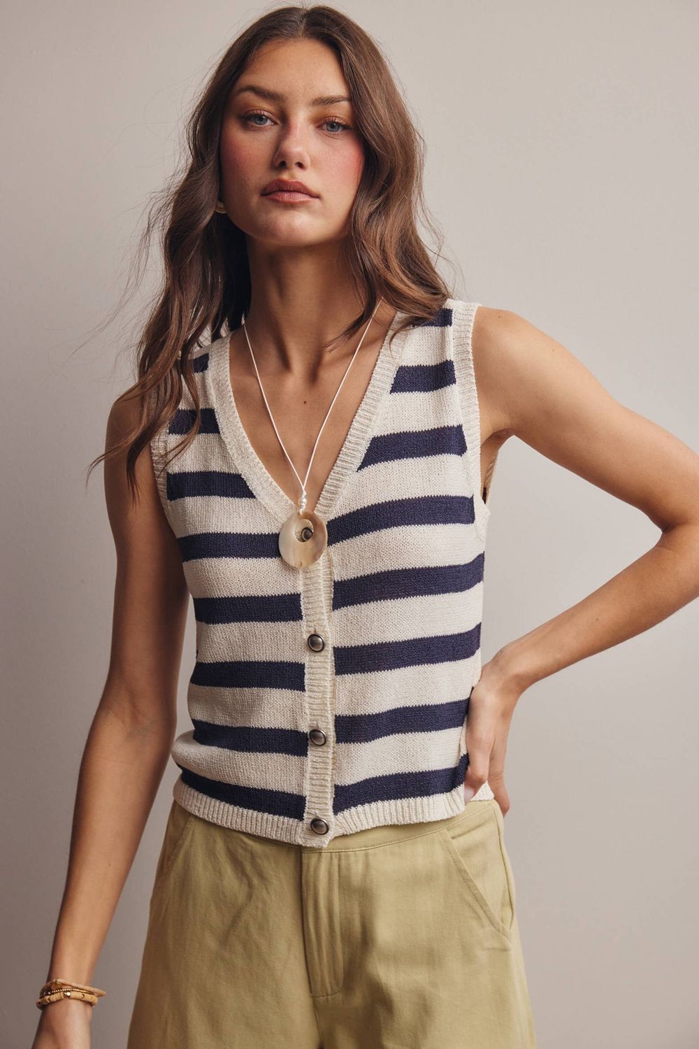 Striped Button-Front Knit Vest Top, Size: Small