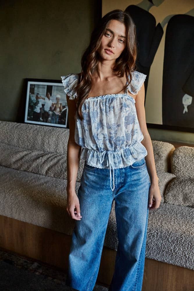 Woven Cotton Floral Print Sleeveless Peplum Top