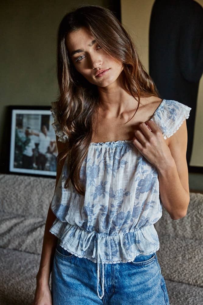 Woven Cotton Floral Print Sleeveless Peplum Top, Color: White Blue, Size: Small