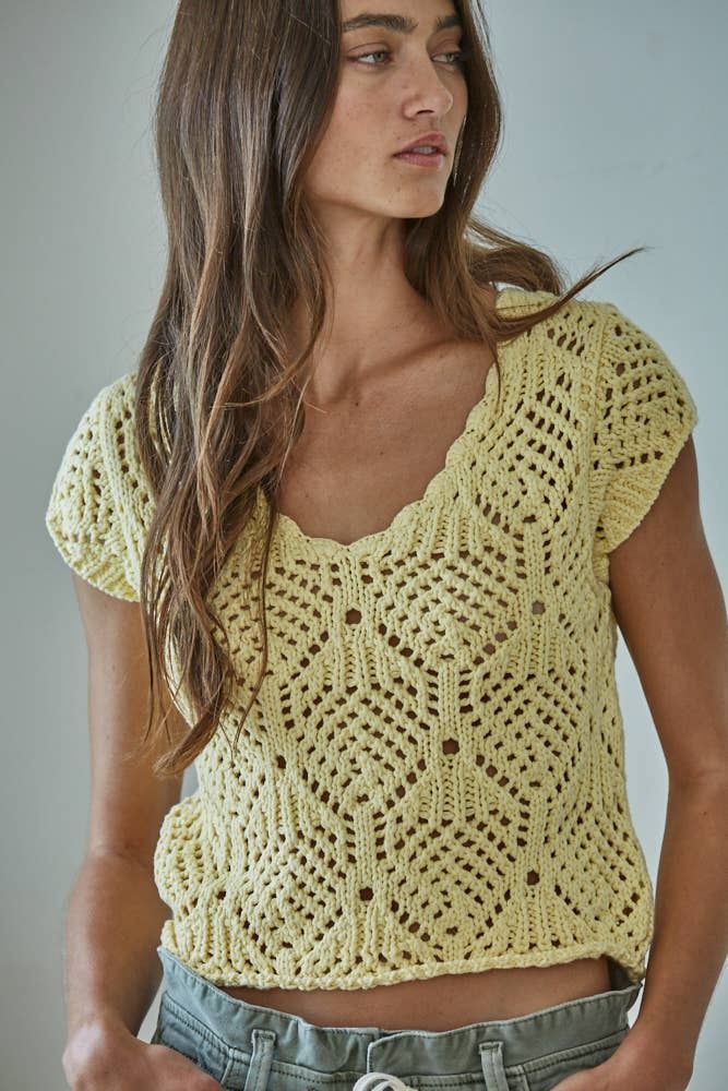 W2030 | Knit Sweater Cotton Crochet V-Neck Cap Sleeve Top, Color: Butter Yellow, Size: Small