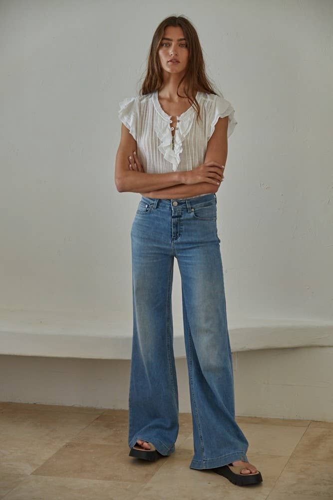 Woven Cotton Linen Button V-Neck Short Sleeve Top