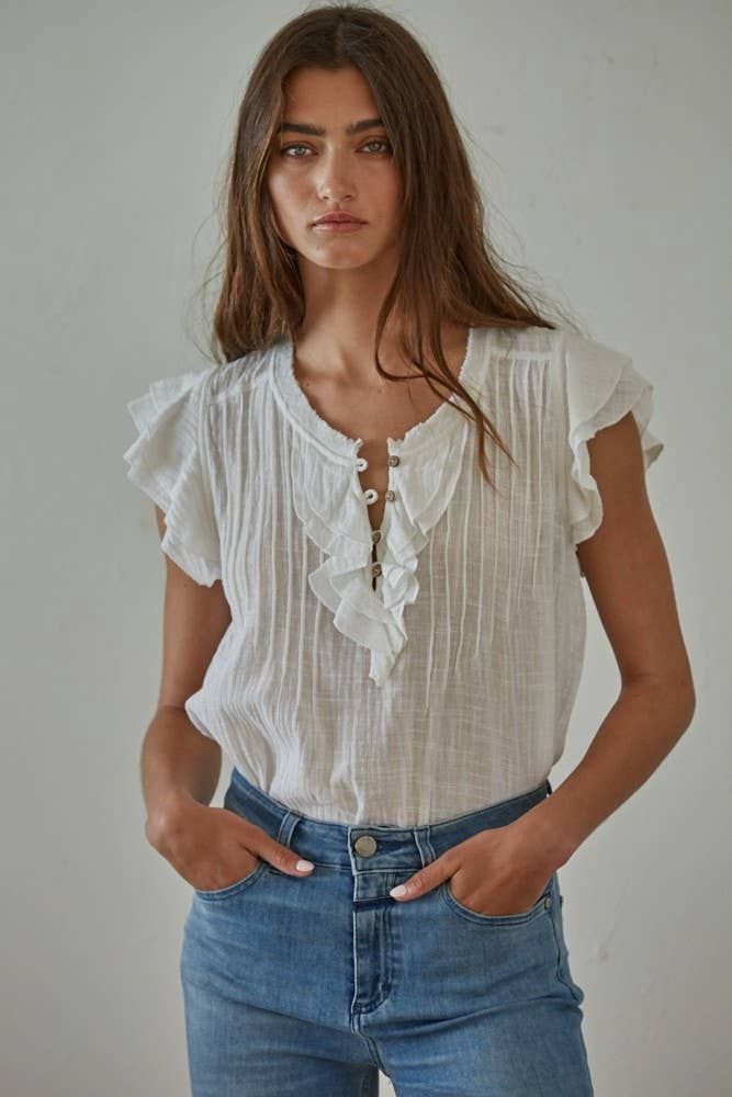 Woven Cotton Linen Button V-Neck Short Sleeve Top, Color: Off White, Size: S