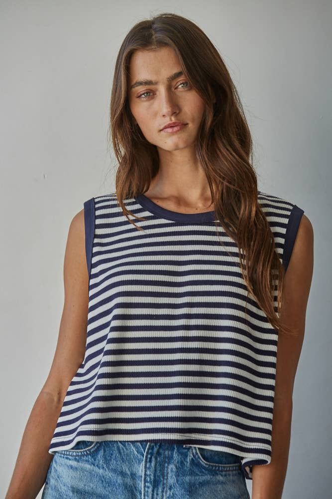 Knit Cotton Spandex Striped Ribbed Sleeveless Top