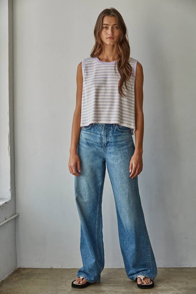 Knit Cotton Spandex Striped Ribbed Sleeveless Top