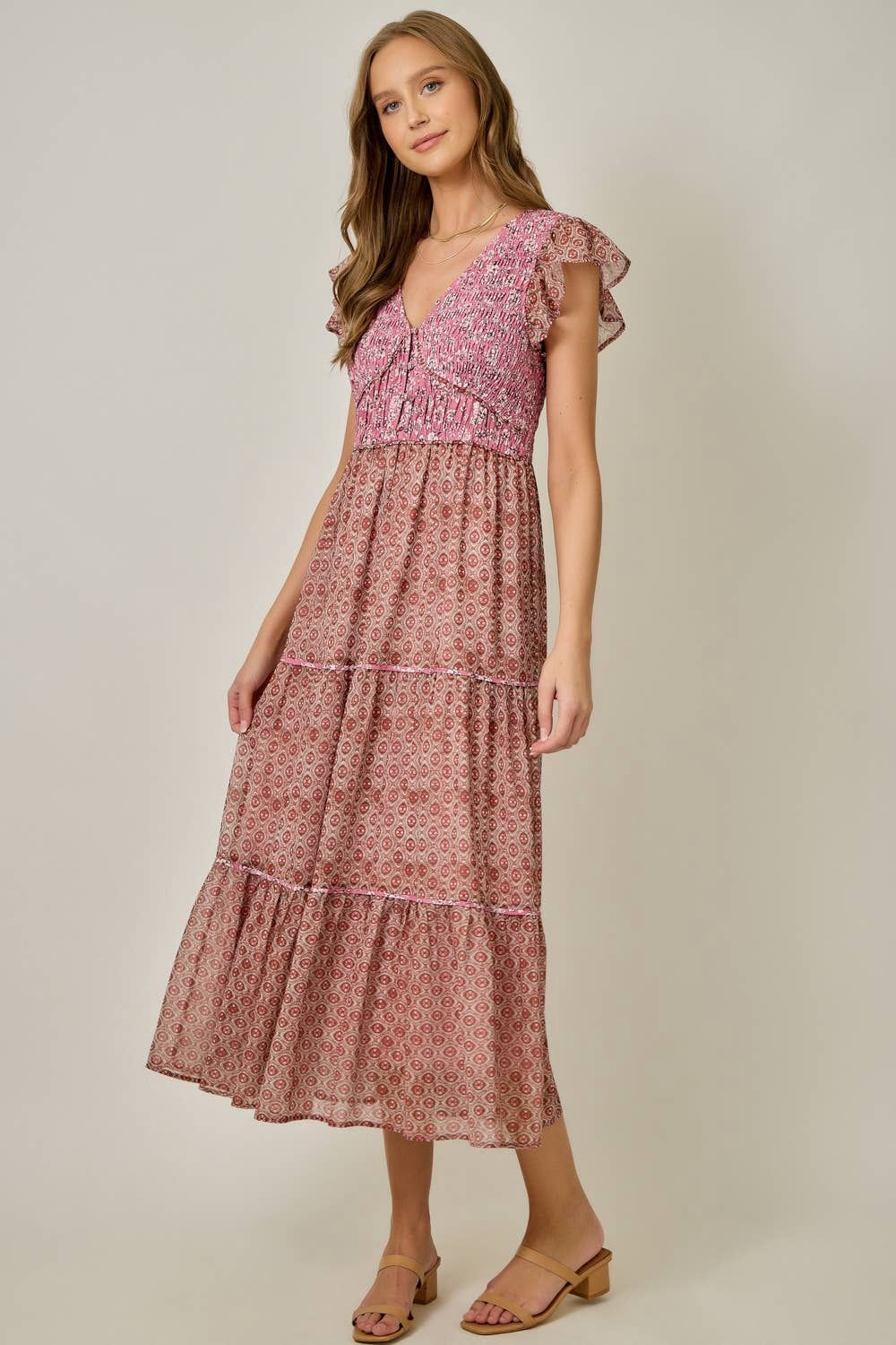 Chiffon Mixed Print Flutter Sleeve Dress