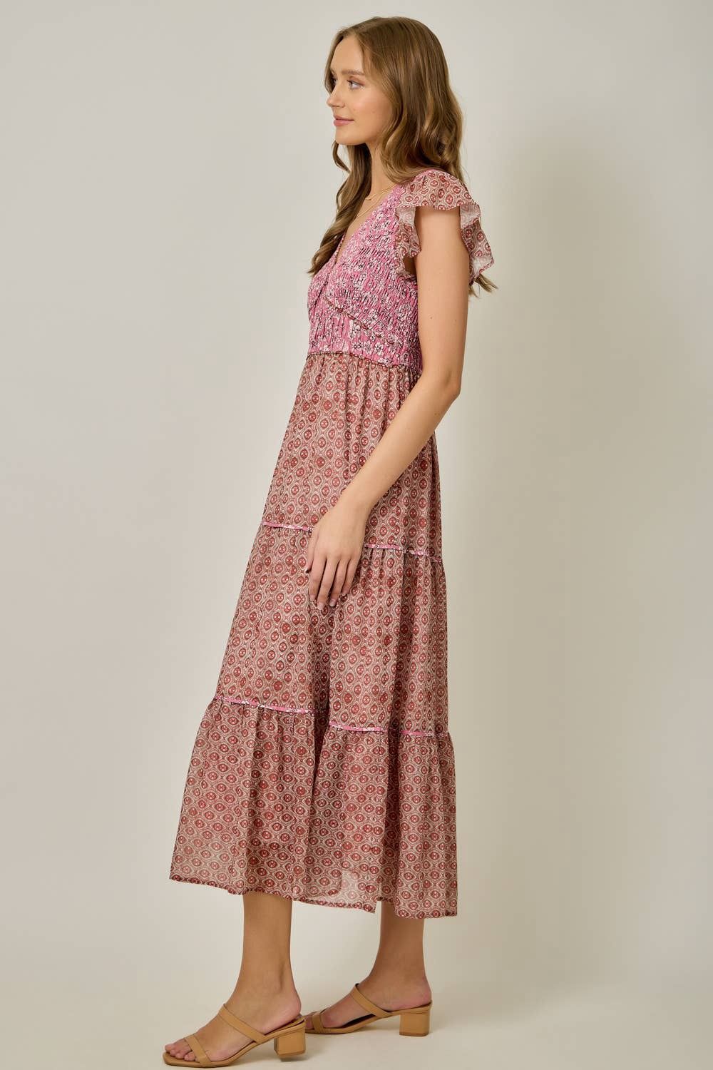Chiffon Mixed Print Flutter Sleeve Dress