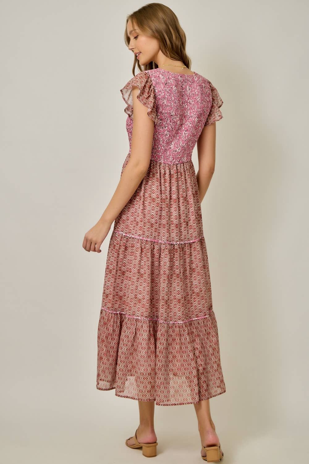 Chiffon Mixed Print Flutter Sleeve Dress