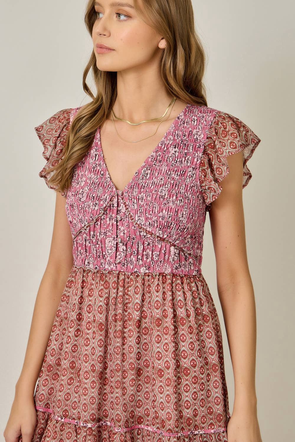 Chiffon Mixed Print Flutter Sleeve Dress