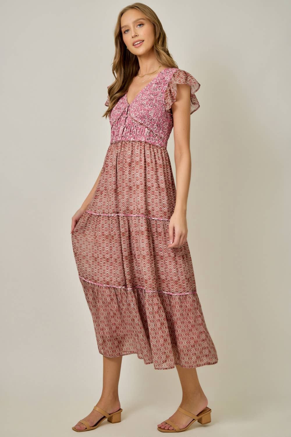 Chiffon Mixed Print Flutter Sleeve Dress