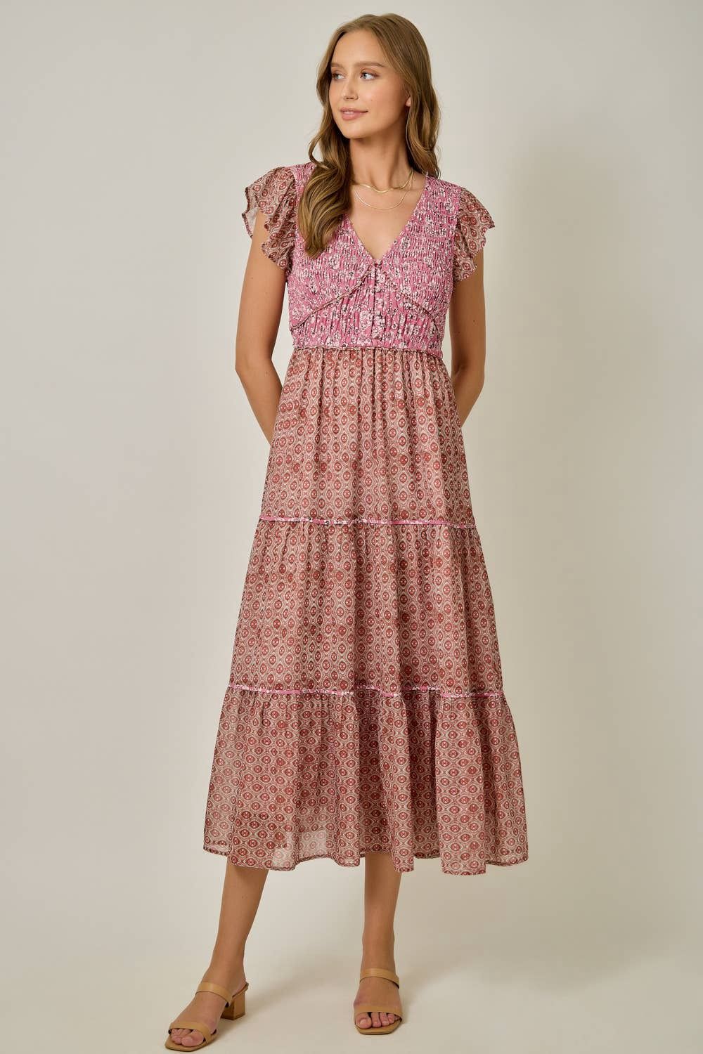 Chiffon Mixed Print Flutter Sleeve Dress