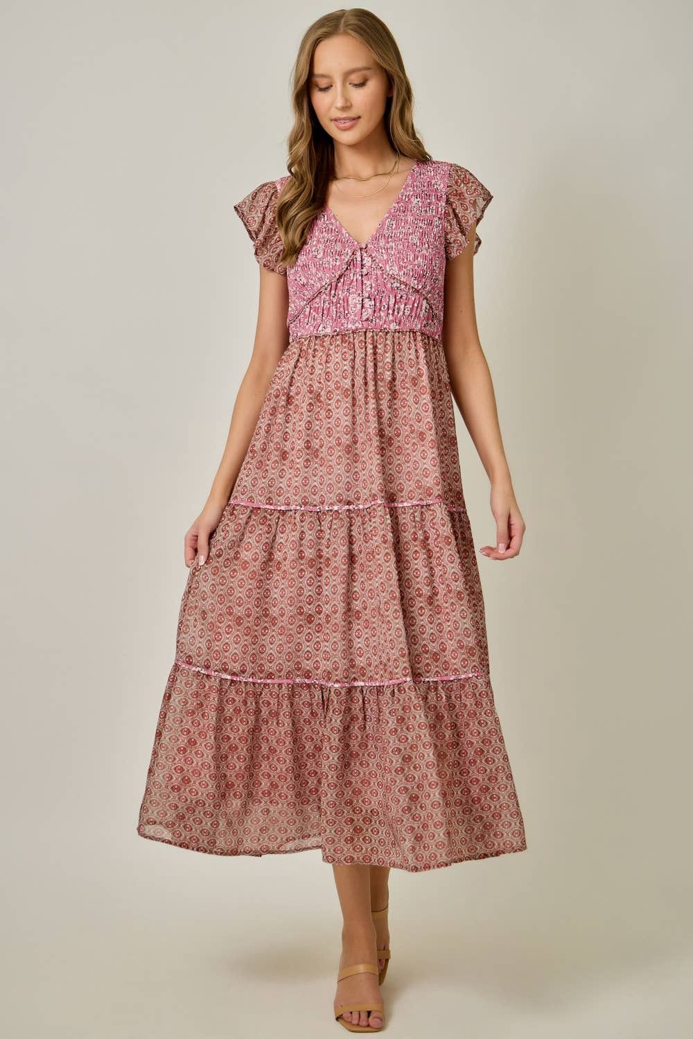 Chiffon Mixed Print Flutter Sleeve Dress