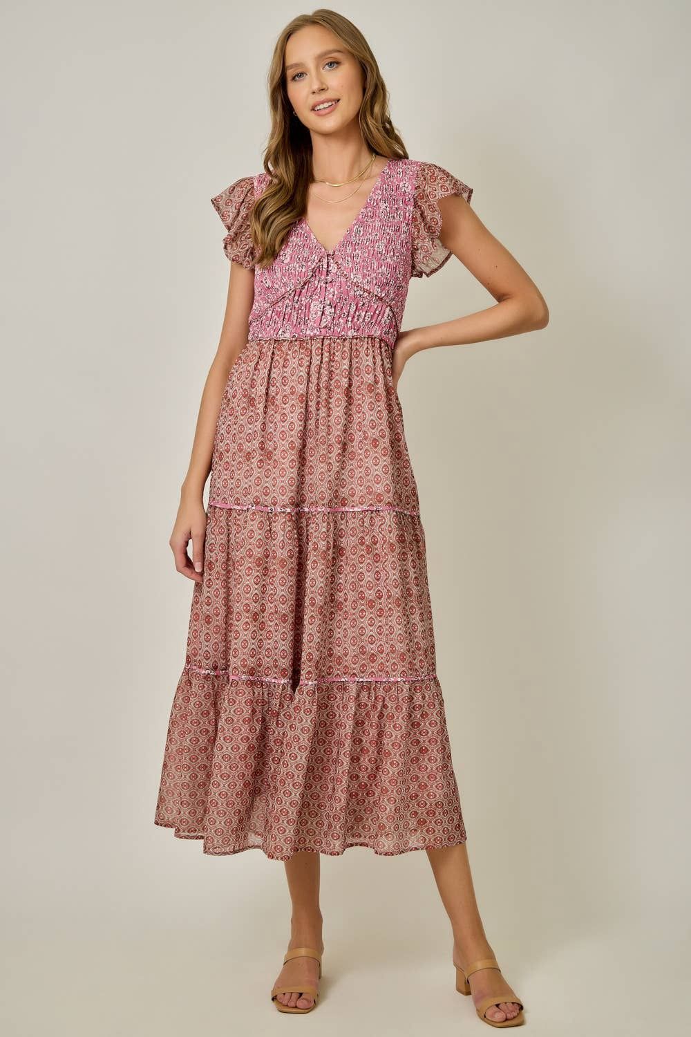 Chiffon Mixed Print Flutter Sleeve Dress