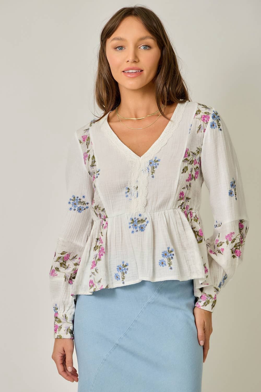 Embroidery Mixed Print Blouse
