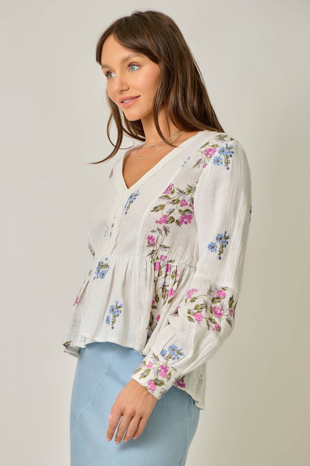 Embroidery Mixed Print Blouse