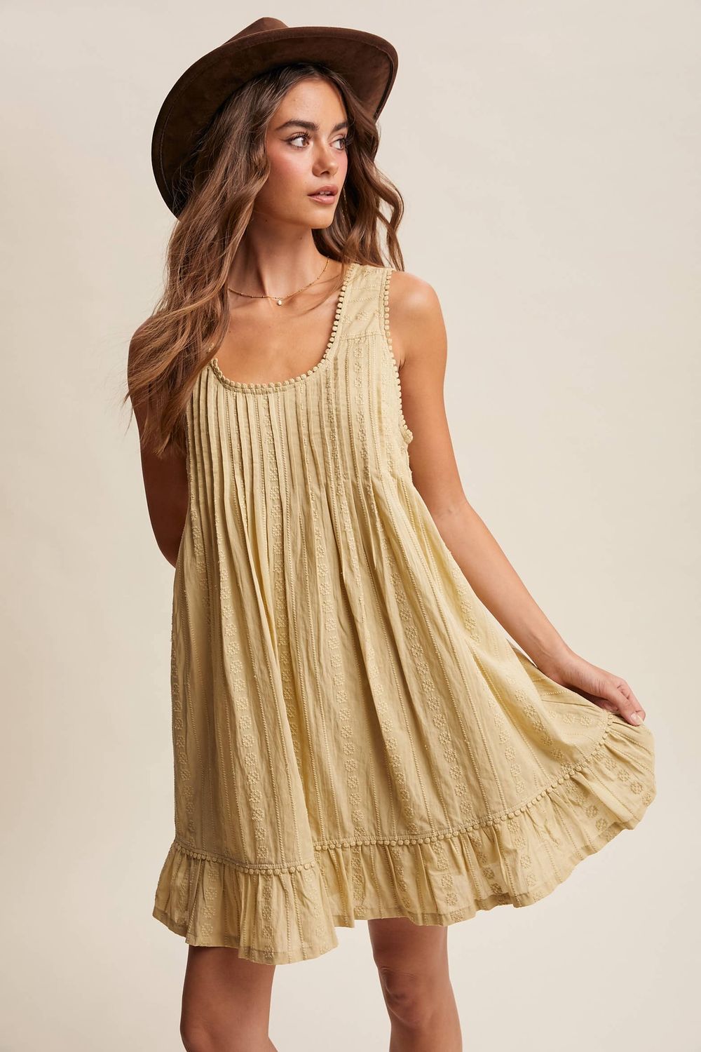 Textured Pintuck Mini Dress, Color: Light Olive, Size: Small