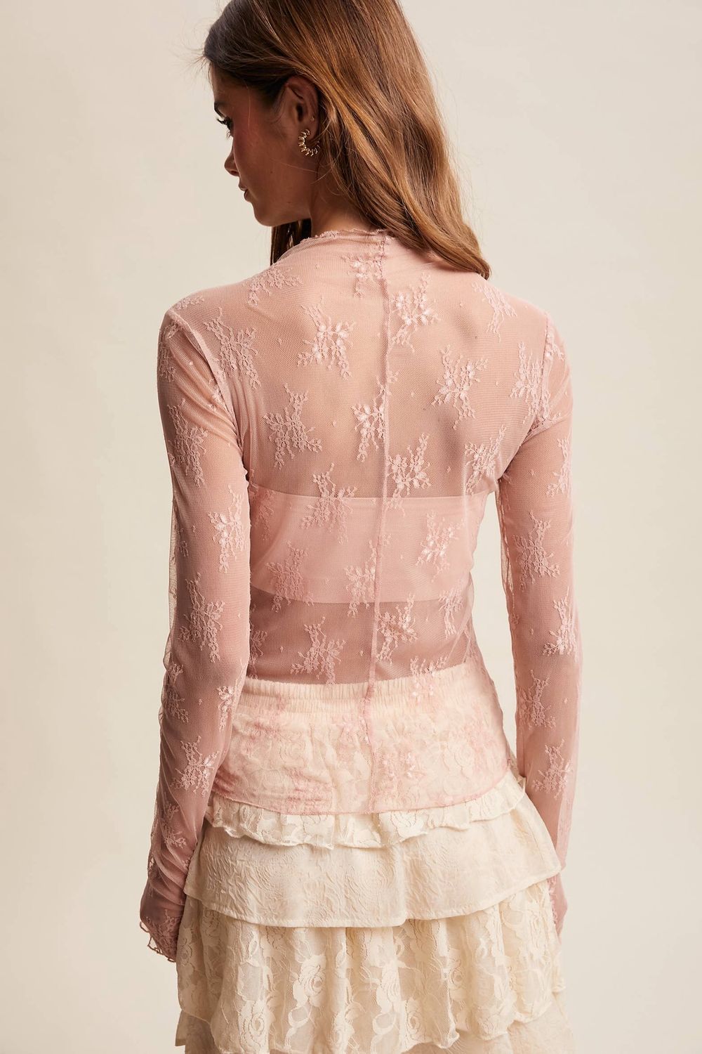 Sheer Lace Long-Sleeve Top Blush