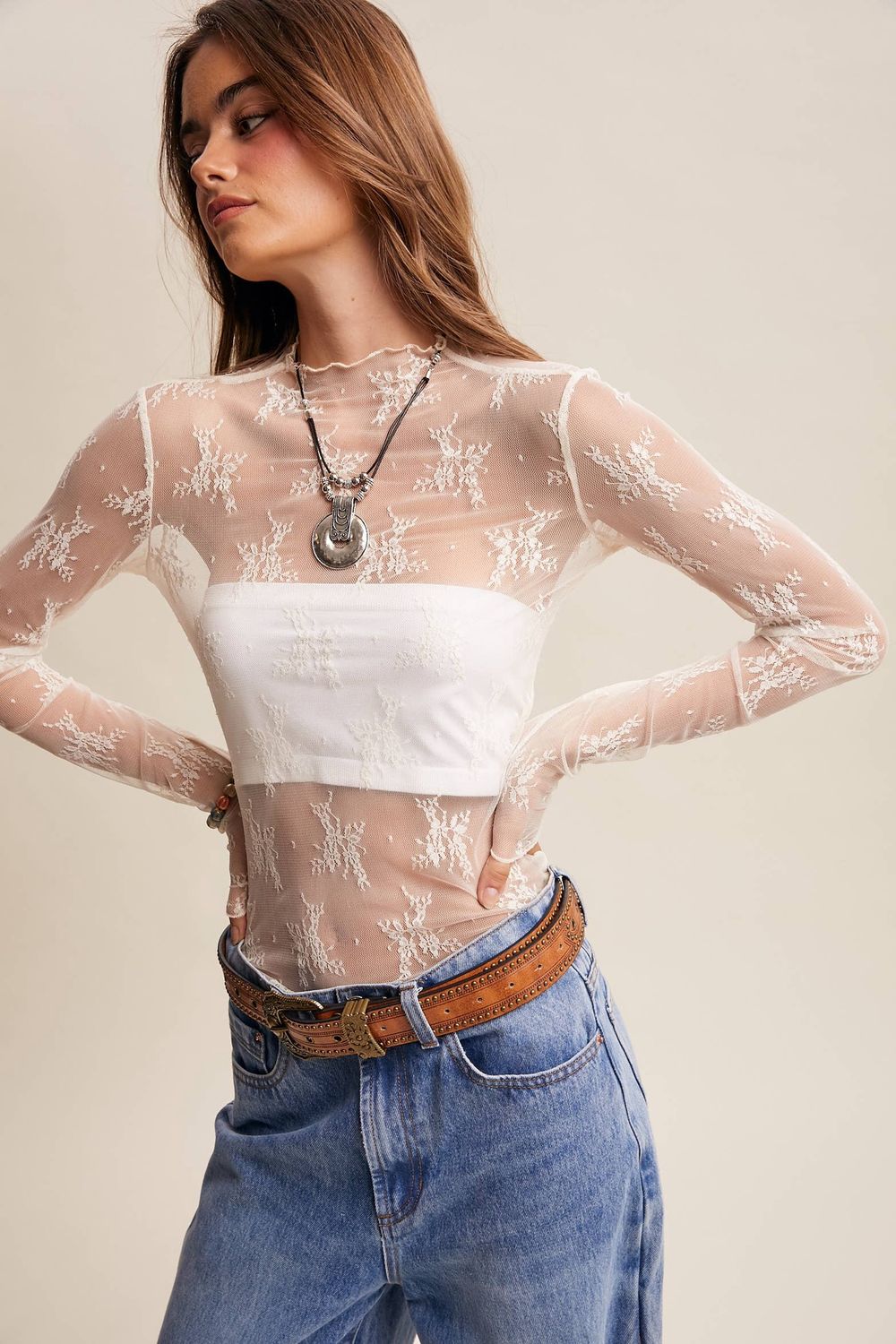 Sheer Lace Long-Sleeve Top Blush
