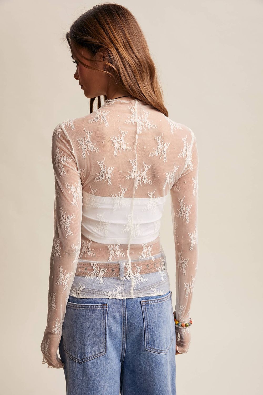 Sheer Lace Long-Sleeve Top Blush