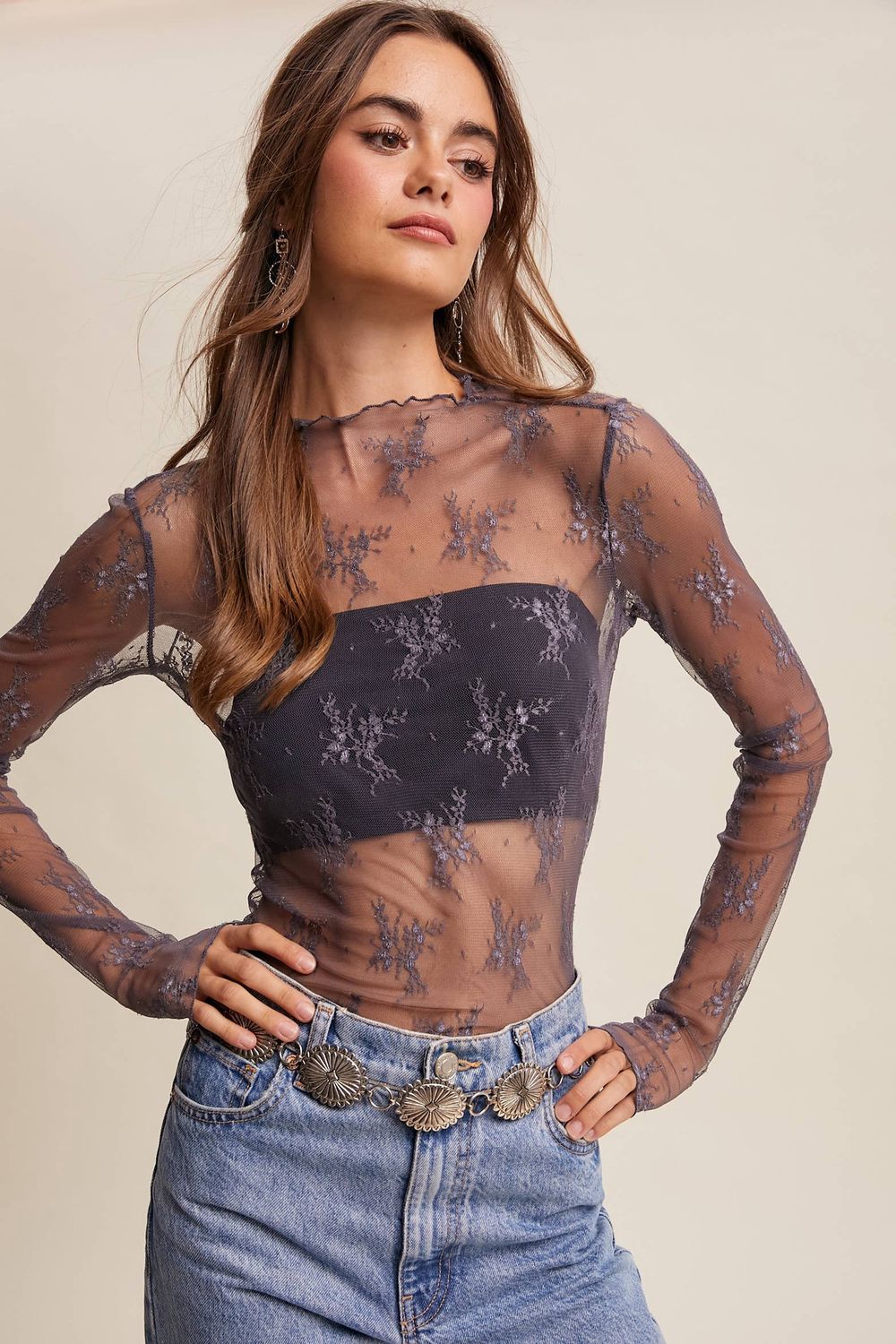Sheer Lace Long-Sleeve Top Blush