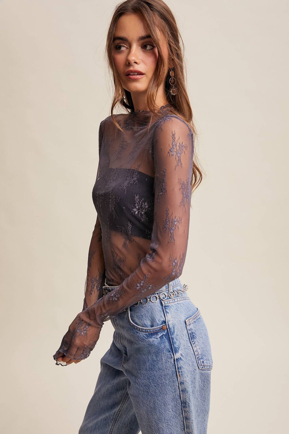 Sheer Lace Long-Sleeve Top Blush