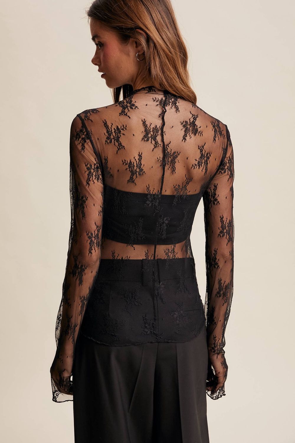 Sheer Lace Long-Sleeve Top Blush