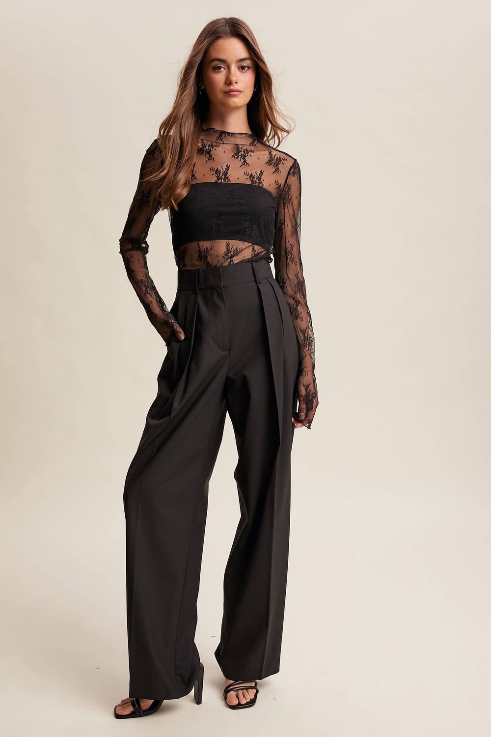 Sheer Lace Long-Sleeve Top Blush