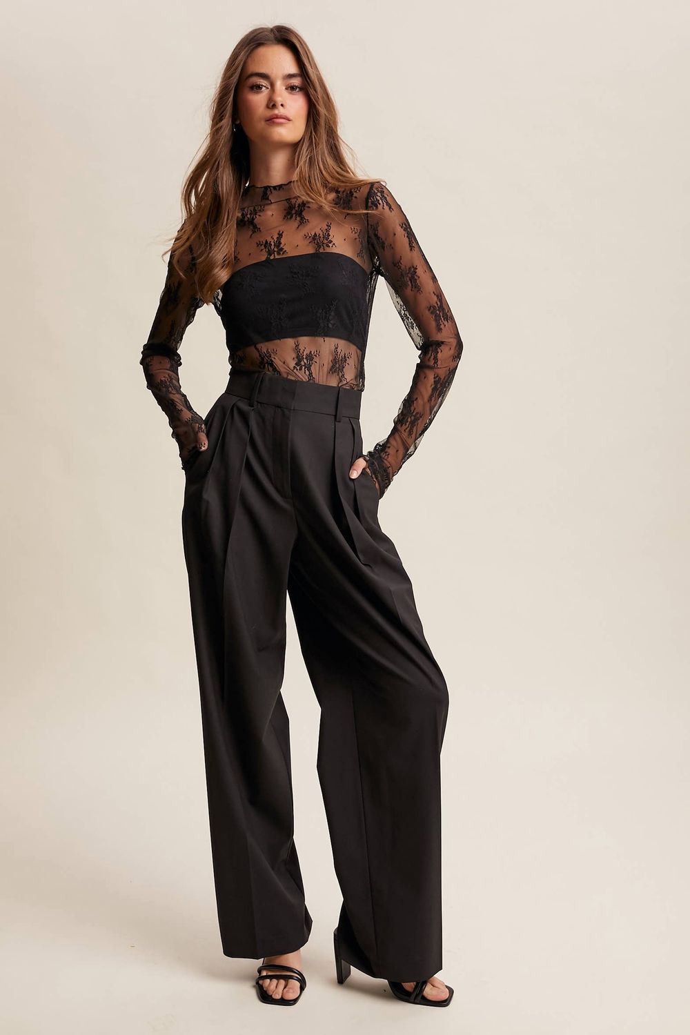 Sheer Lace Long-Sleeve Top Blush