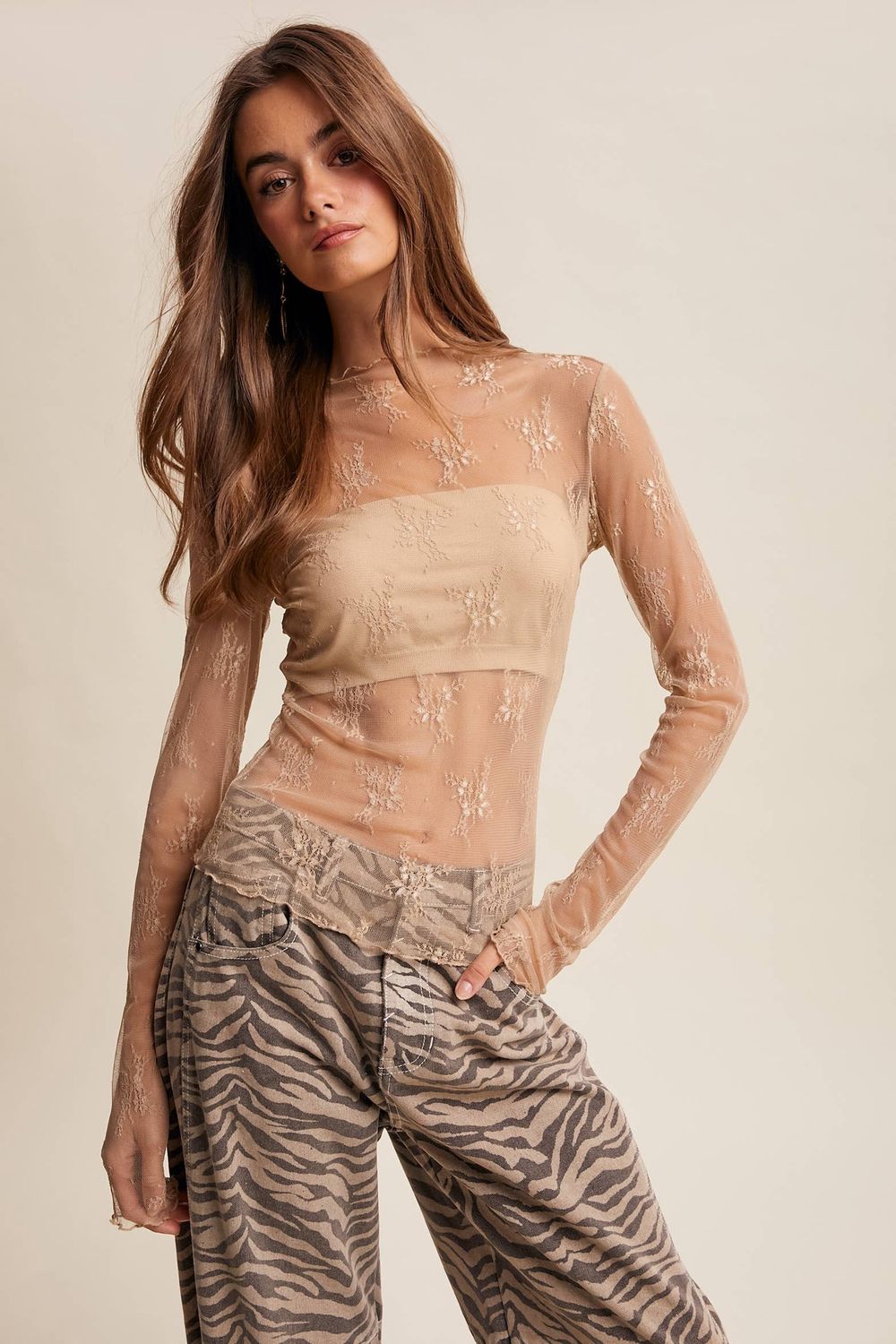 Sheer Lace Long-Sleeve Top Blush
