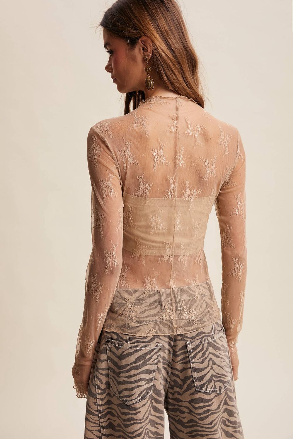 Sheer Lace Long-Sleeve Top Blush