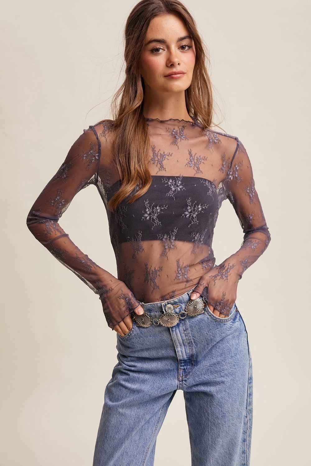 Sheer Lace Long-Sleeve Top Blush