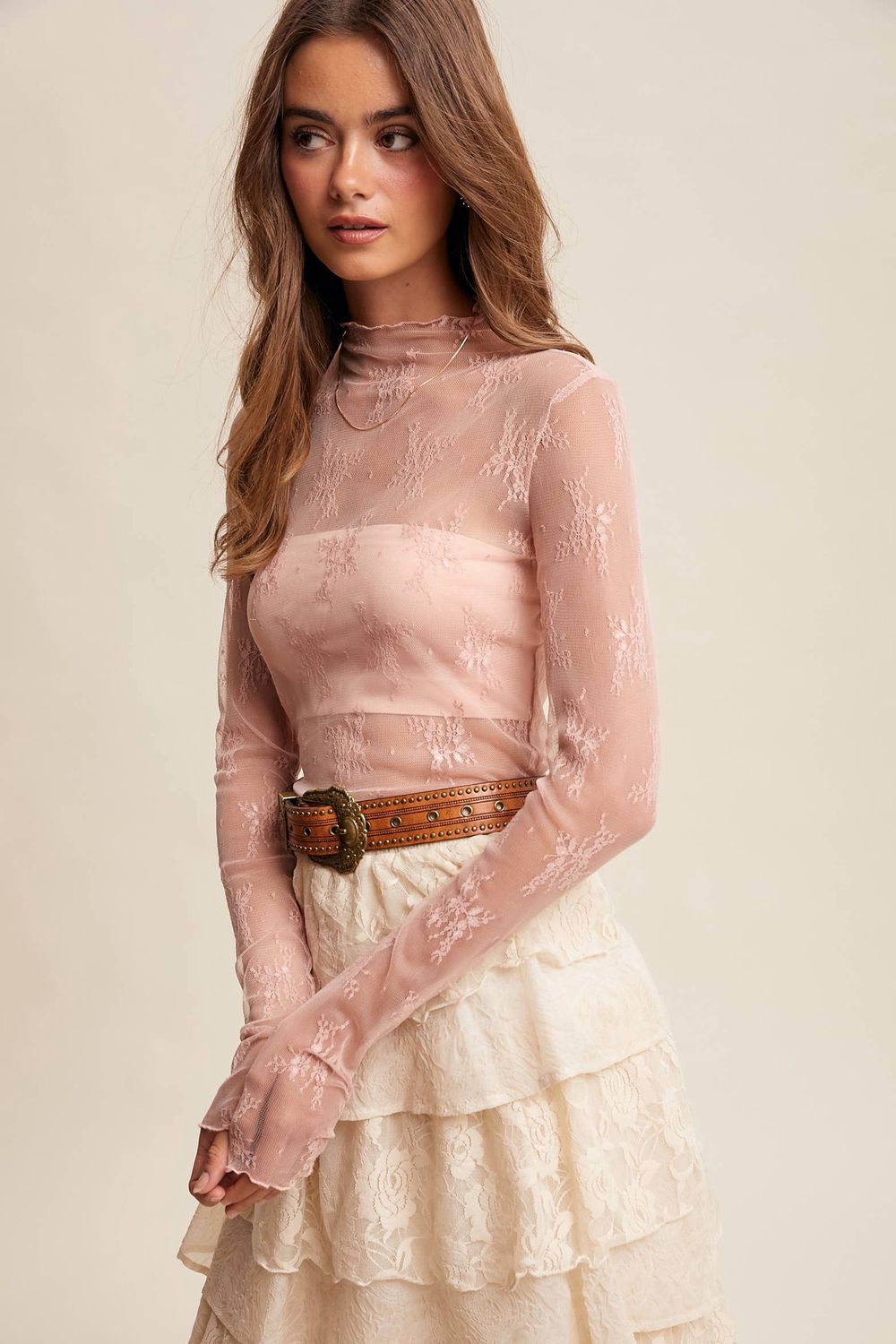 Sheer Lace Long-Sleeve Top Blush