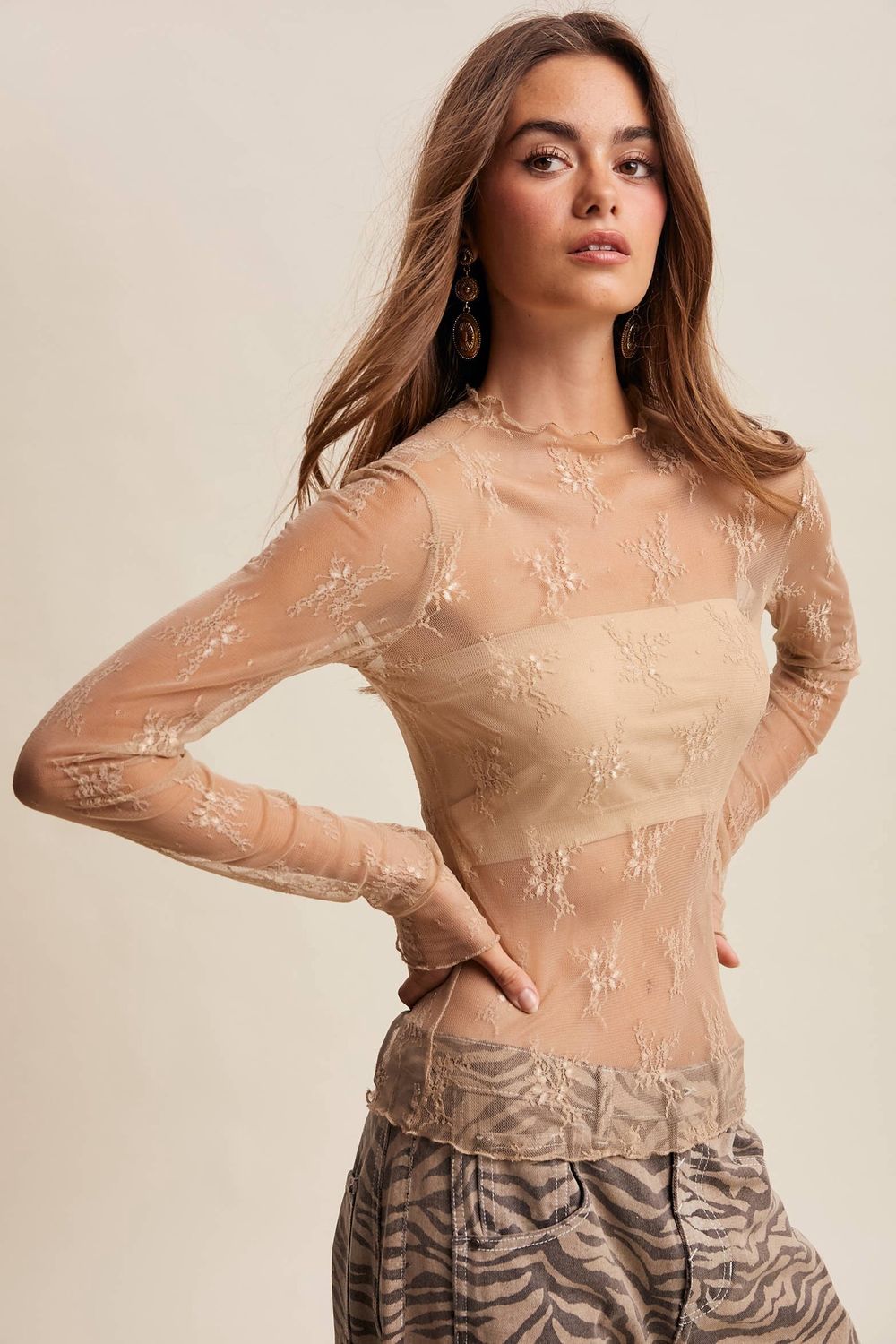 Sheer Lace Long-Sleeve Top Blush