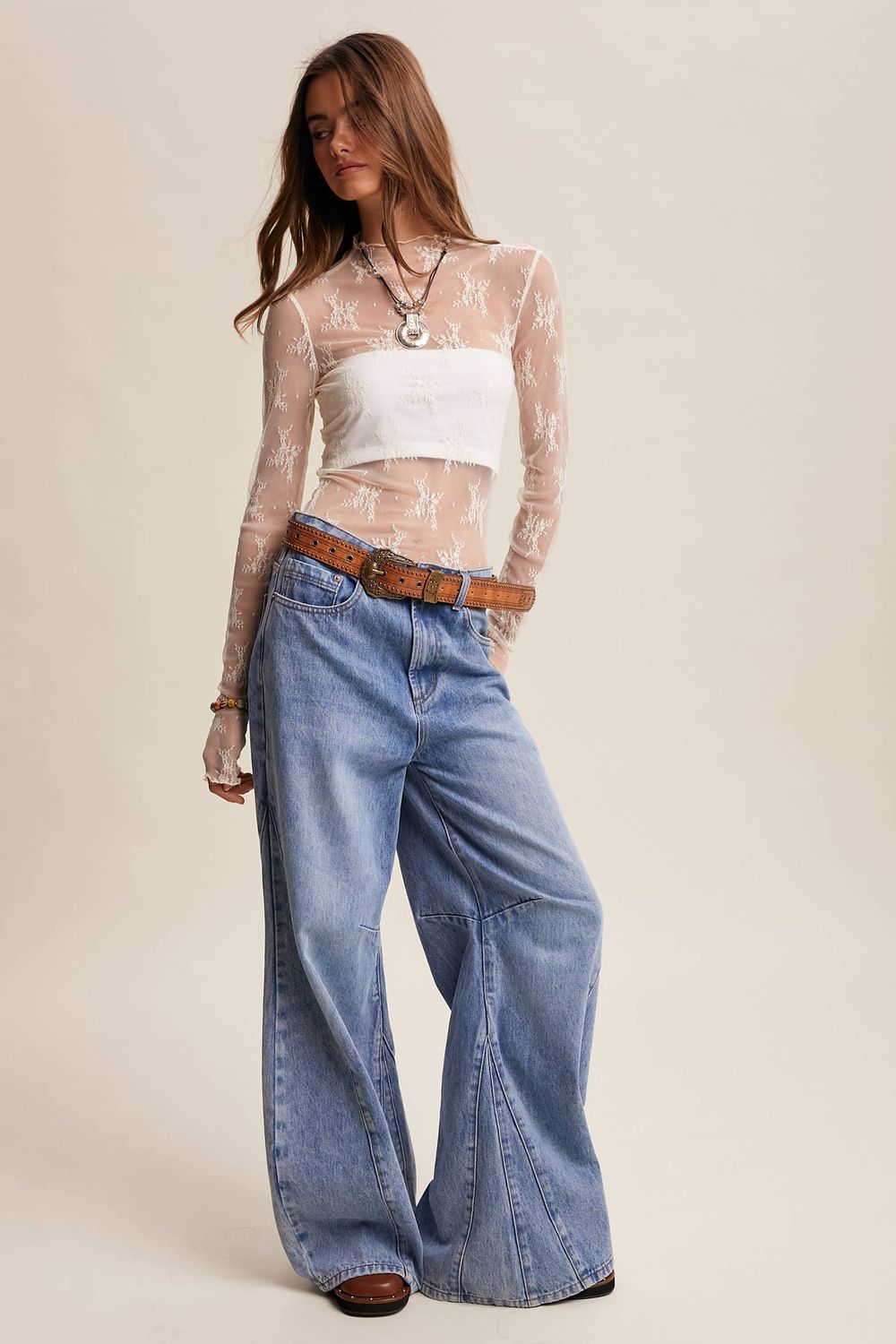 Sheer Lace Long-Sleeve Top Blush