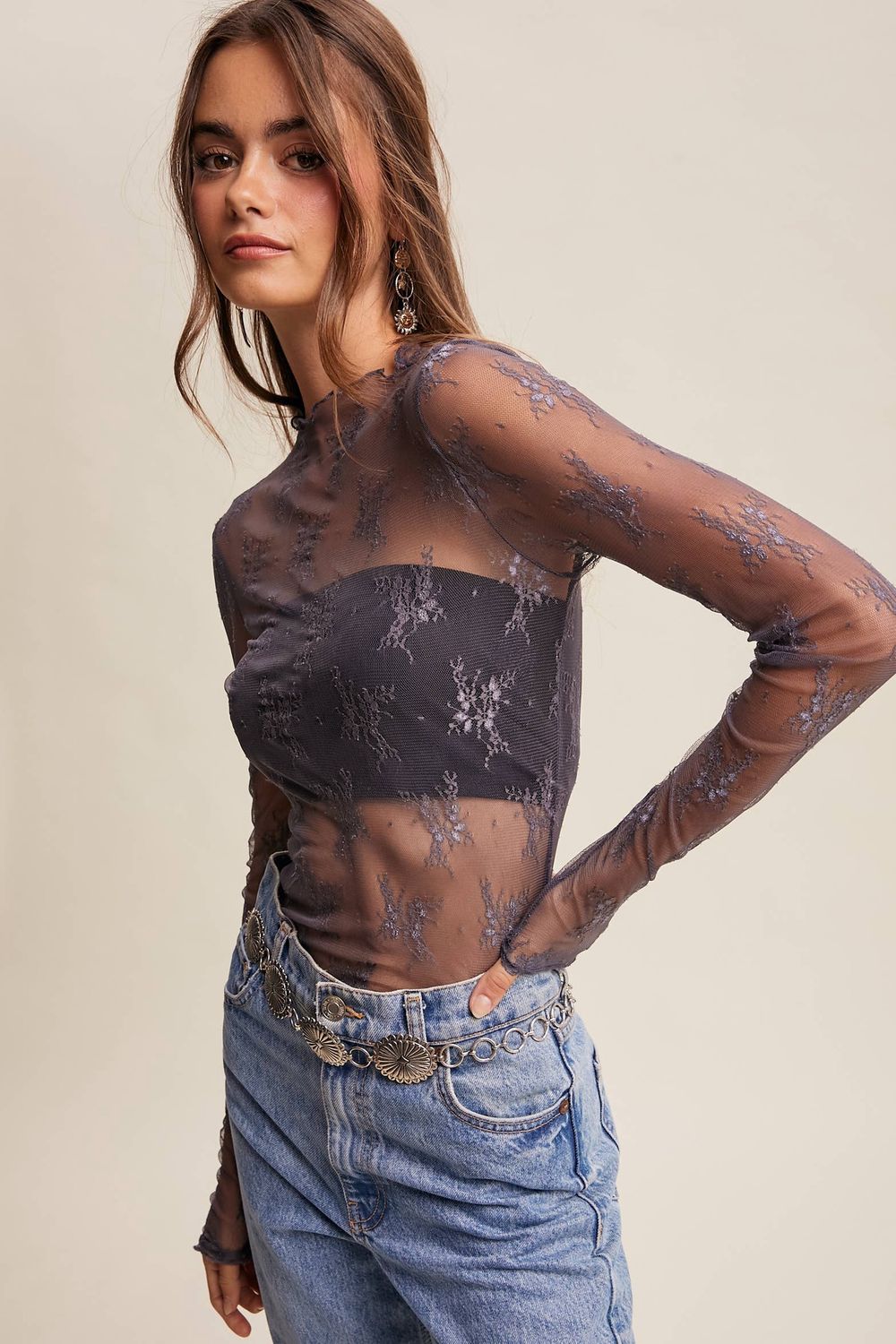 Sheer Lace Long-Sleeve Top Blush