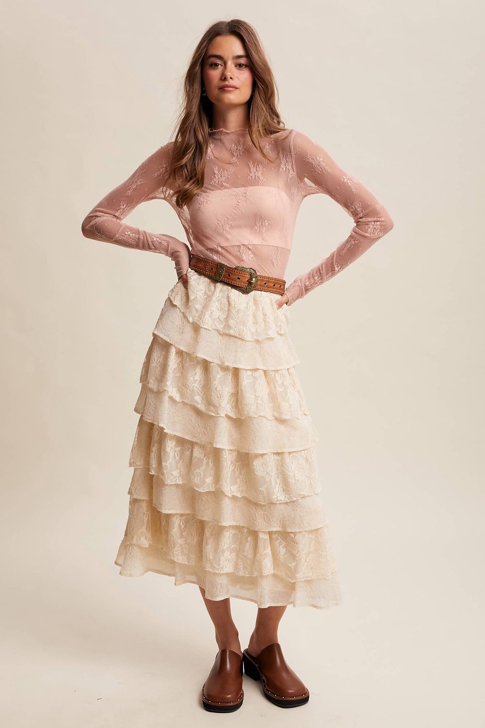 Sheer Lace Long-Sleeve Top Blush