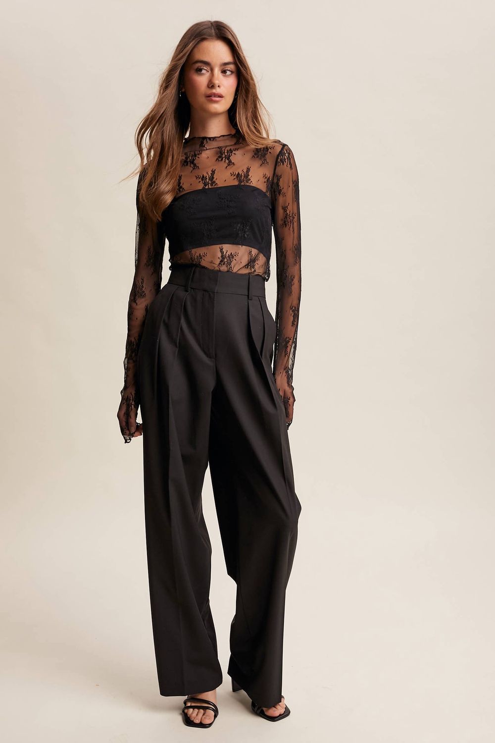 Sheer Lace Long-Sleeve Top Blush