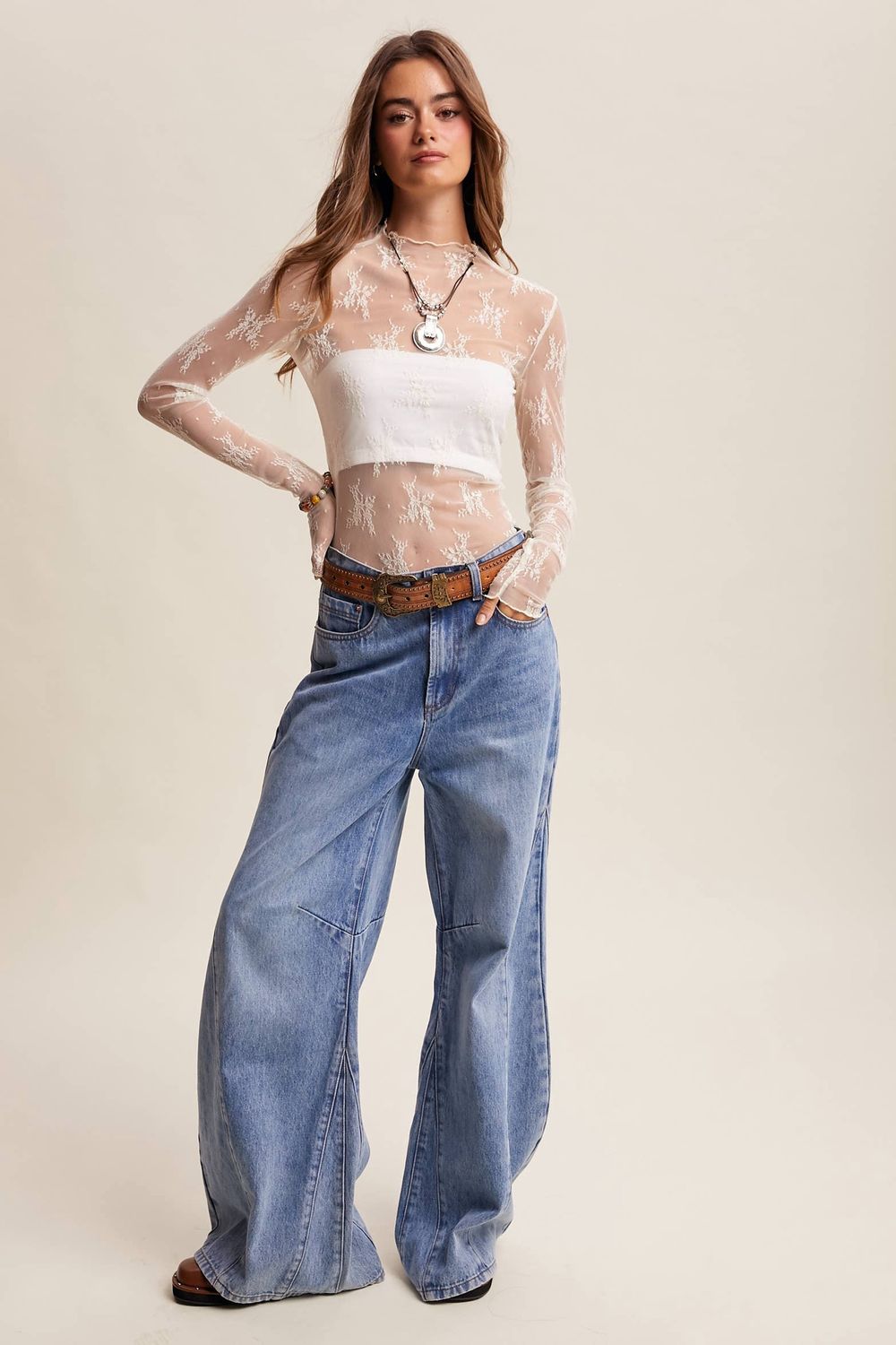 Sheer Lace Long-Sleeve Top Blush