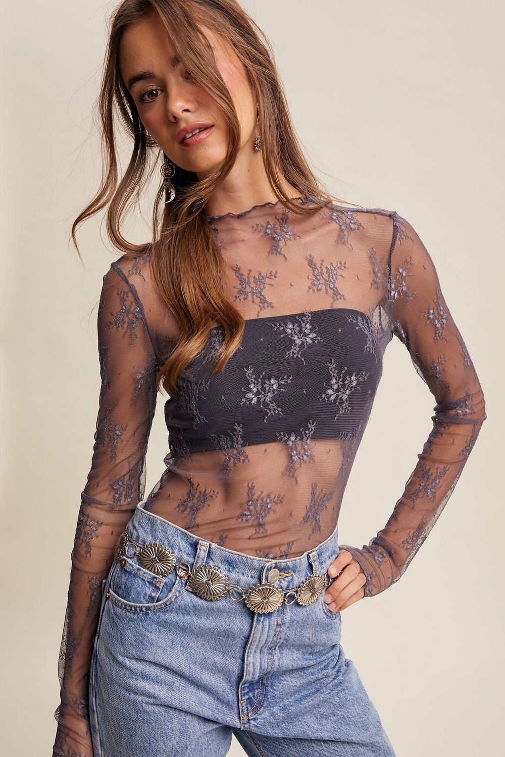 Sheer Lace Long-Sleeve Top Blush