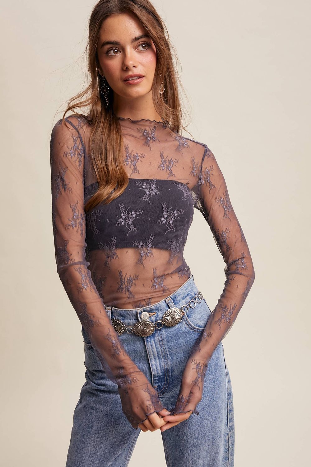 Sheer Lace Long-Sleeve Top Blush