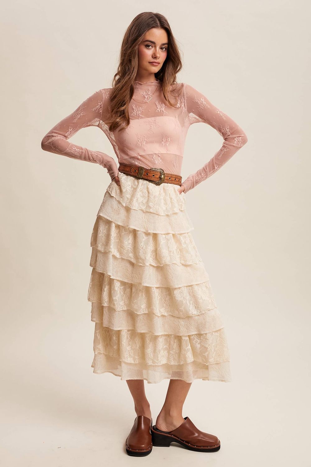 Sheer Lace Long-Sleeve Top Blush